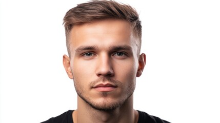 Obraz premium Young man with a sharp jawline, short haircut, and confident gaze, looking into the camera, isolated on white