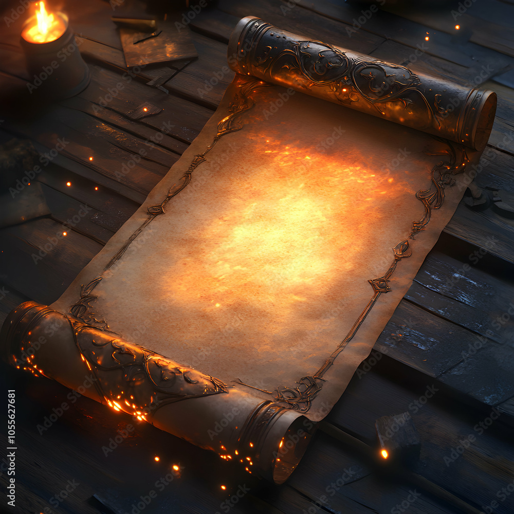 Poster ornate parchment scroll with blank center and decorative edges for document creation