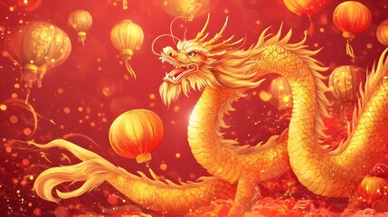 Fototapeta premium Golden Dragon Soaring Amidst Red Lanterns and Shimmering Lights