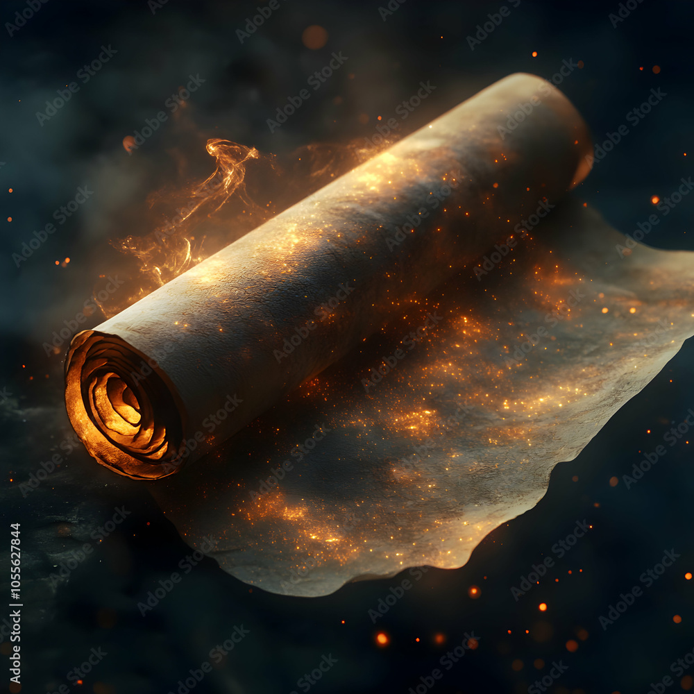 Poster unrolled parchment scroll with curling ends hovering above a textured surface
