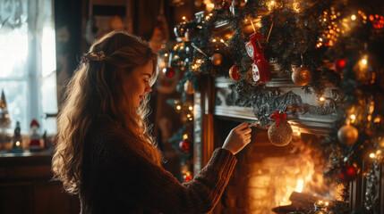 Cozy holiday atmosphere: model decorating fireplace with retro garland lights