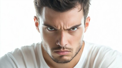 Naklejka premium Young man with stubble, short hair, and intense expression, appearing focused, isolated on white