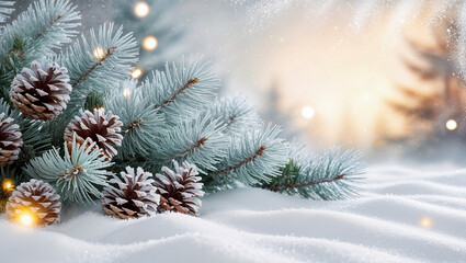 Frost-covered pine branch with pine cones. Background is blurred and suggests wintry forest with glittering snowflakes