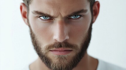 Obraz premium Young man with trimmed beard, deep-set eyes, and serious look, showing focus, isolated on white
