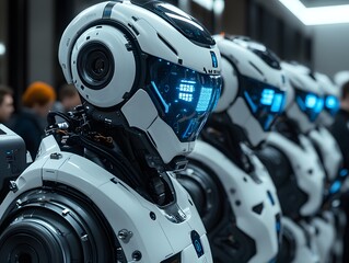 Fototapeta premium A lineup of futuristic robots with illuminated features in a modern setting.