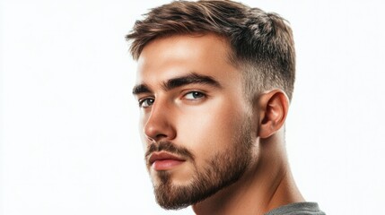 Fototapeta premium Young man with trimmed beard, short haircut, and serious gaze, giving a professional impression, isolated on white