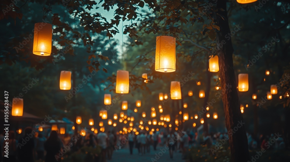 Poster warm lanterns hanging from trees in a serene setting