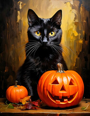 Realistic Vintage Oil Painting of a Black Cat and Jack-o'-Lantern on a Wooden Table
