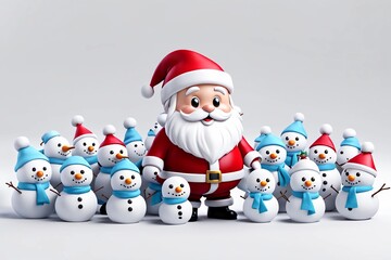 3D render cute Santa Claus Surrounded by Tiny Snowmen, isolated on a white background