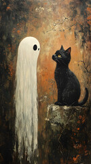 Vintage Oil Painting of a Cute Ghost and Black Cat Gazing at Each Other