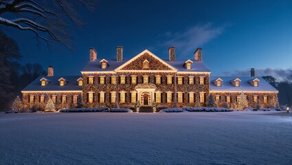 Fototapeta premium Majestic mansion illuminated with festive lights in a snowy landscape at twilight
