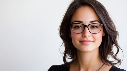 Fototapeta premium Young woman with glasses, dark hair, and a confident smile, conveying professionalism and warmth, isolated on white