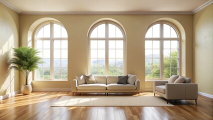 Fototapeta premium A spacious living room with three arched windows, featuring a plush white sofa, a comfy armchair, and a potted plant, all set against a backdrop of lush greenery