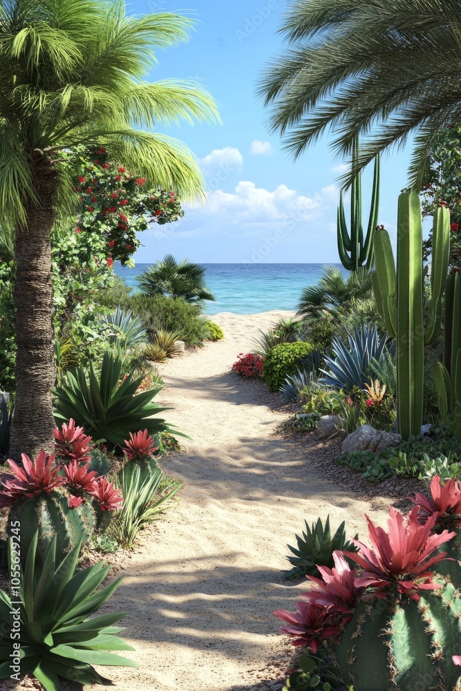 Wall mural A sandy path meanders through lush greenery with tropical plants and cacti, inviting visitors to discover the beauty of the ocean beyond