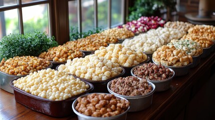 A delectable assortment of various dishes including different styles of macaroni and cheese, meat dishes, and vegetable garnishes displayed on a wooden table by the window