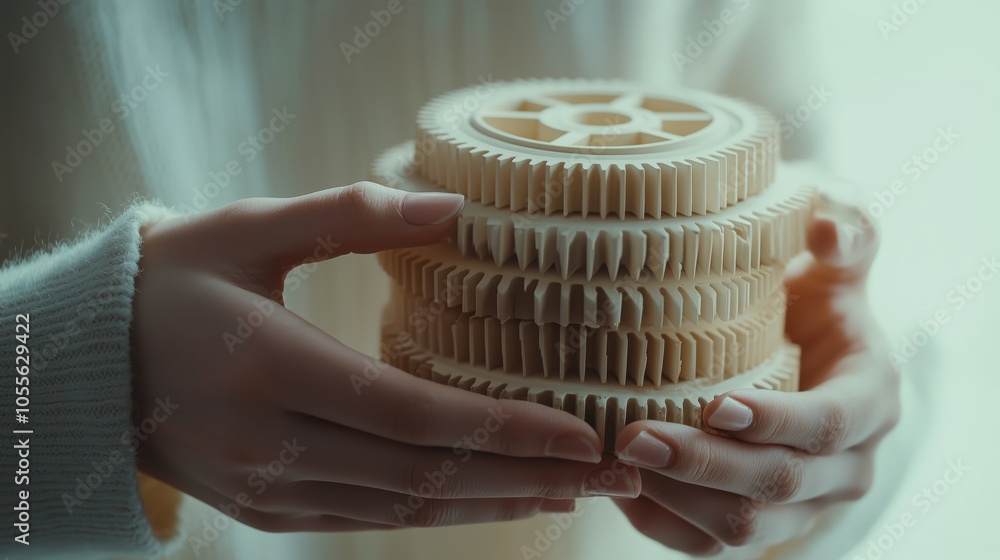 Poster hands stacking gears concept in soft focus