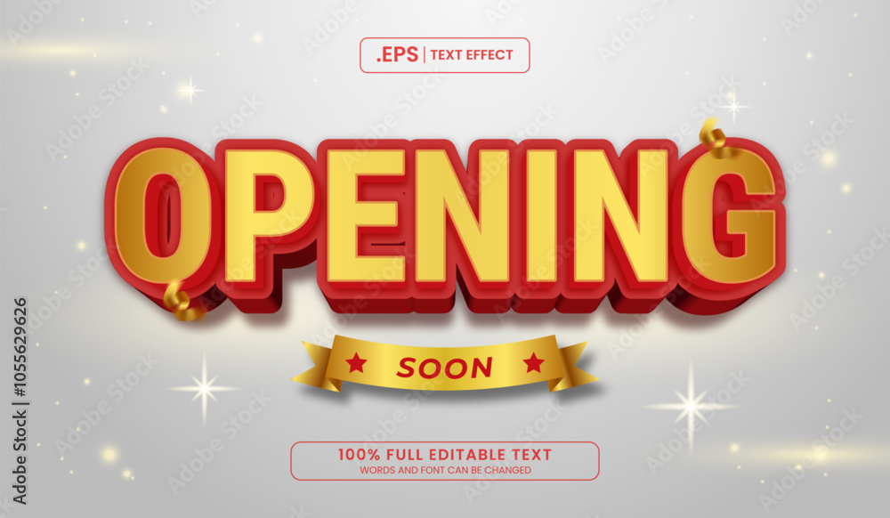 Poster red and gold opening soon text with ribbon. editable 3d text effect vector illustration