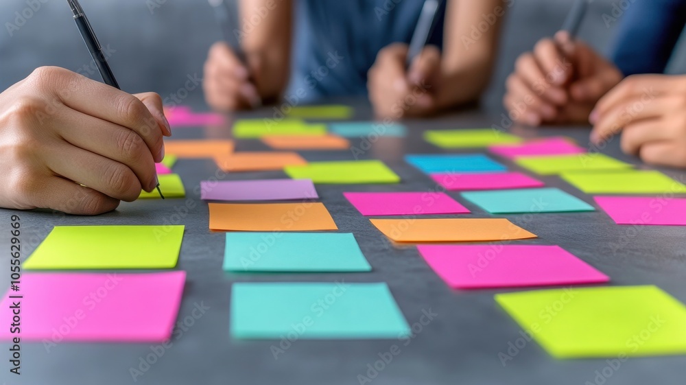 Poster colorful sticky notes and hands collaborating on ideas during a brainstorming session on a gray surf
