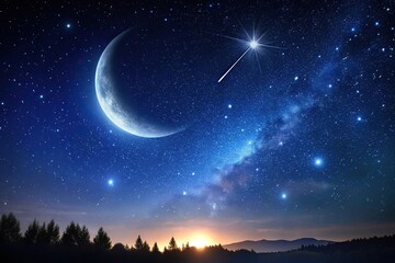 Dark starry night sky with a bright crescent moon and a few shooting stars, universe, cosmos
