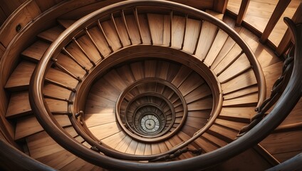 Top view of wooden spiral staircase showcasing intricate patterns and craftsmanship