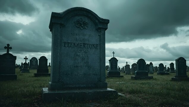Abandoned gravestone in eerie cemetery under dramatic cloudy sky