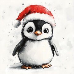 Naklejka premium A cute cartoon penguin wearing a Santa hat on a white background.