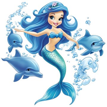 A cartoon merrow (mythical mermaid) swimming with dolphins on a white background.