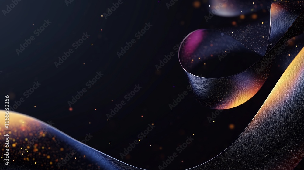 Poster elegant abstract design with flowing ribbons and glowing particles in a dark background showcasing d