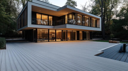 Fototapeta premium Modern two-story house with large glass windows and spacious outdoor patio surrounded by trees at dusk