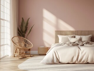 Pink walls combined with minimalist bedding and natural wood furniture give this modern bedroom a soft, cozy vibe