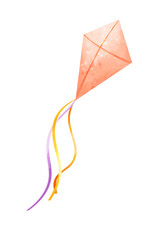 Orange kite with colorful ribbons. Watercolor vector  illustration
