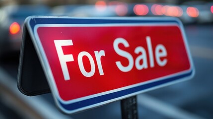 Fototapeta premium Close-up of a red and white For Sale sign on a blurred outdoor background with cars, symbolizing property or items being available for purchase