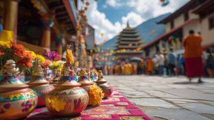 Traditional cultural event in historical setting with colorful decorations and ceremonial vessels