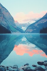 A serene high-resolution landscape of a calm mountain lake surrounded by towering pine forests. Snow-capped peaks reflect perfectly on the mirror-like water surface under a pastel-colored dawn sky.