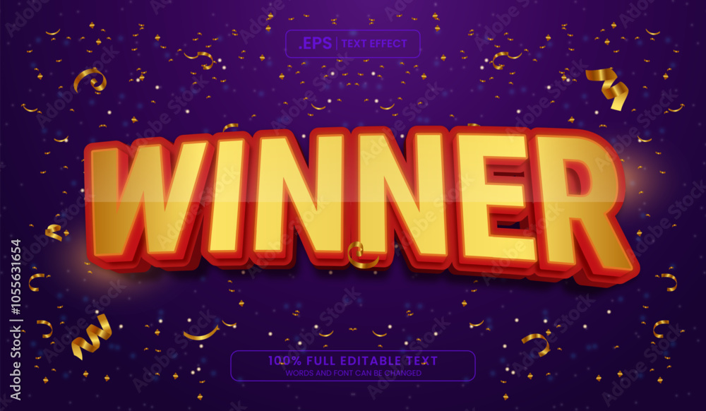 Wall mural gold and red winner text effect on purple background with confetti. editable 3d text effect vector i