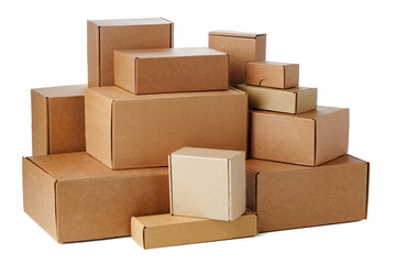 Stacked brown cardboard boxes in various sizes arranged on a white background