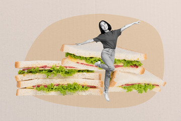 Composite creative art collage of happy girl dance sandwich bread ingredient lettuce sausage cheese...