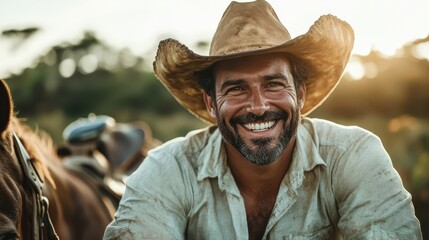 A smiling man in a cowboy hat near a horse at sunset, dressed in casual attire, emits warmth and freedom, creating a nostalgic and adventurous ambiance.