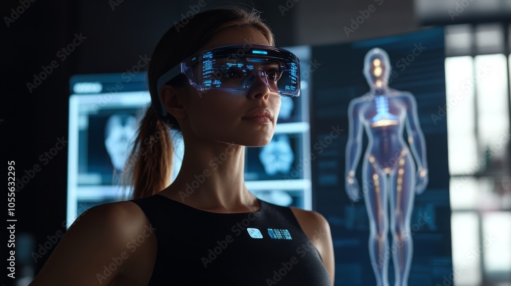 Poster a woman is engaged with augmented reality glasses, surrounded by digital medical displays. she appea