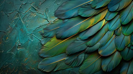 Obraz premium A close-up shot of teal and gold feathers arranged in a diagonal line against a dark teal textured background.
