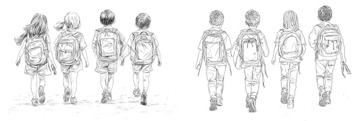 Schoolchildren going to lessons with backpacks. Modern hand drawn sketch back view illustration.