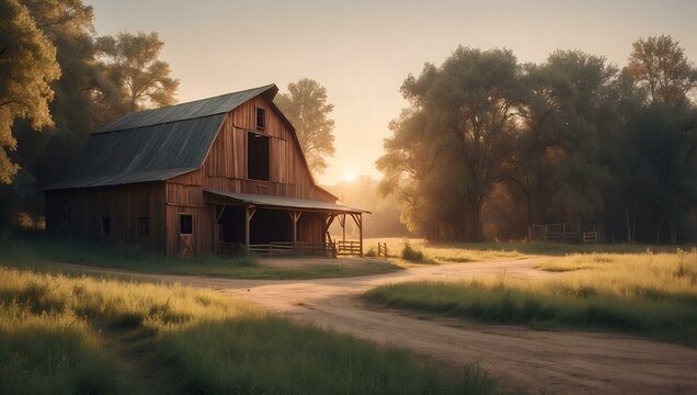 Vintage barn at sunrise surrounded by lush greenery and peaceful rural landscape