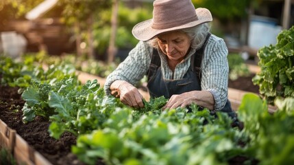 Elderly Woman Tending to a Garden of Green Leafy Plants