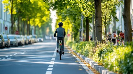 Obraz premium Cyclist Riding on Dedicated City Bike Lane, Urban Green Transportation, Eco-Friendly Commuting and Active Lifestyle, Sustainable Mobility in Tree-Lined Street, Healthy Outdoor Activity