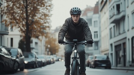 Naklejka premium Young Man Cycling in the City on a Cloudy Day, Urban Commuting and Eco-Friendly Transportation, Focused Rider on Bike with Helmet, Sustainable Mobility and Active Lifestyle in Modern Cityscape