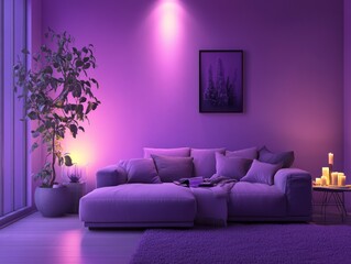 Purple calm walls in a minimalist winter living room, with clean lines, cozy textures, and soft lighting for a calming ambiance
