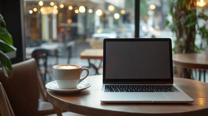 Fototapeta premium A laptop and coffee cup on a wooden table in a cafe setting.