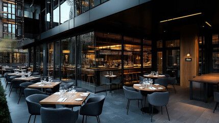 Obraz premium Modern outdoor seating area of a restaurant with wooden tables and gray chairs near a glass-walled dining area with visible bar and warm lighting inside.