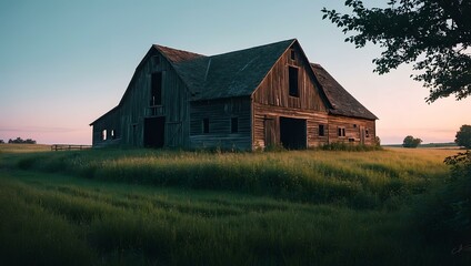 Vintage barn at sunset in a serene landscape with grassy field