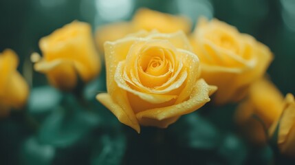 A stunning close-up of a yellow rose with dewdrops, set against a lush green background, capturing the delicate beauty and freshness of a blooming flower.